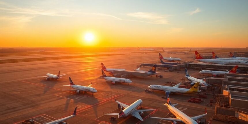 Aerial view of airplanes at an airport during sunset.