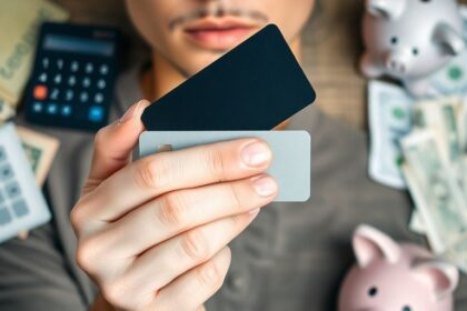 Person holding credit card with financial items around them.