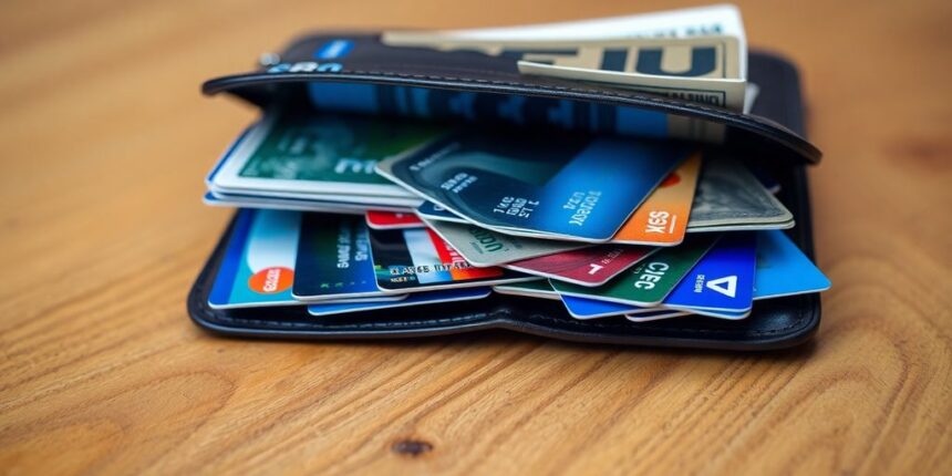 Wallet with bank cards and cash on a wooden table.