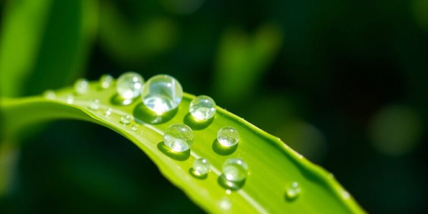 Close-up of water droplets on a green leaf.