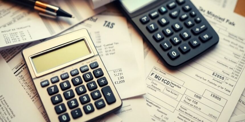 Calculator and receipts on a desk for tax deductions.