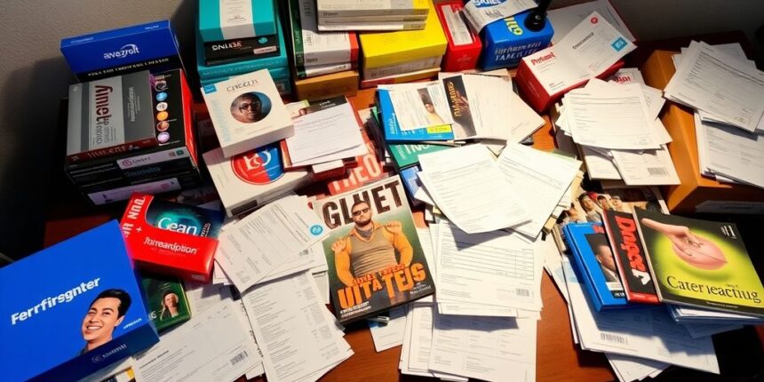 Cluttered desk with subscription boxes and scattered bills.