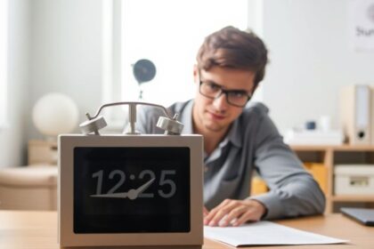 Person working at a desk with a timer set.