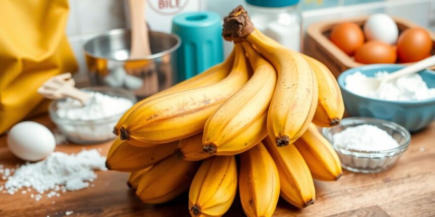 Ripe brown bananas with cooking ingredients on a countertop.