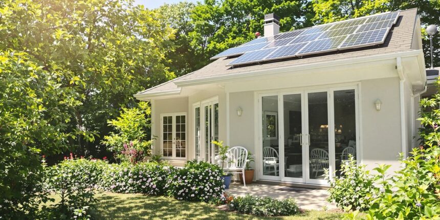 Modern home with solar panels and energy-efficient features.