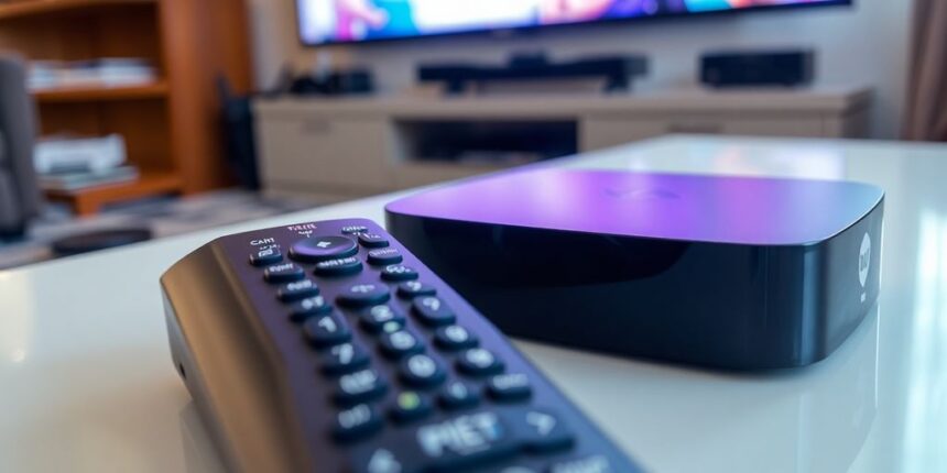 Remote control with cable and streaming devices in focus.