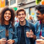Group of friends sharing a laugh in a city.
