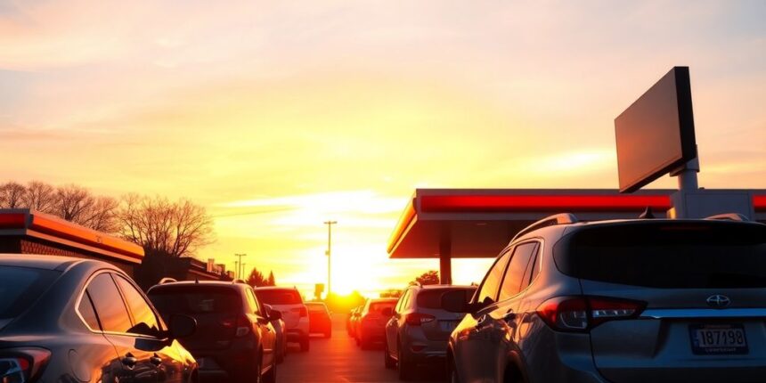 Vehicles at a gas station during sunset hours.