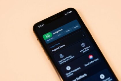 Smartphone with mobile banking app on screen.
