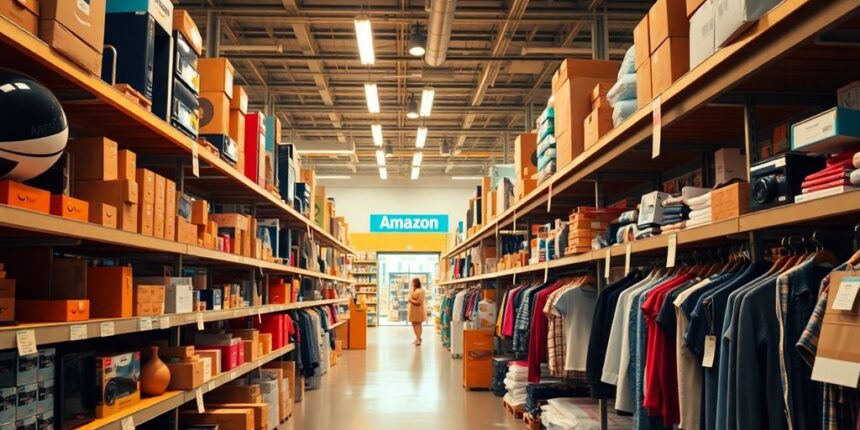 A vibrant Amazon outlet with discounted products on shelves.