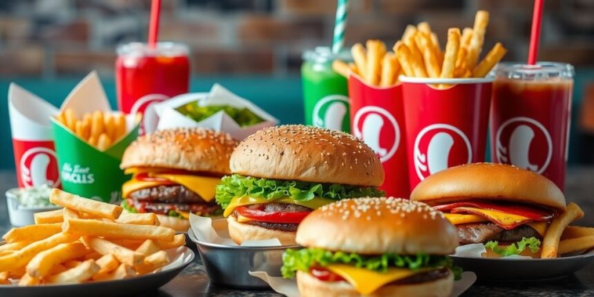 Variety of fast food items on a table.