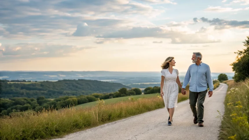 couple walking down a road together; boots cast finds offscreen dating