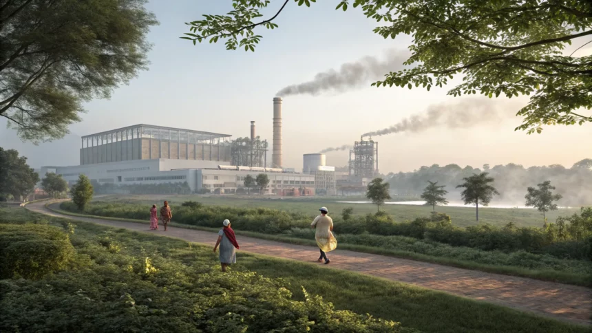 industrial buildings and people walking to work; india industrial output growth slows