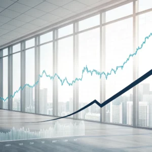 graph surging upwards across a bank of windows