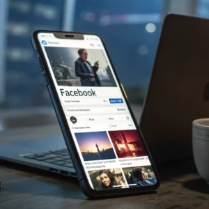 gray tones; a standing ipad with dystopian ideas post; Facebook Page Channels Dystopian