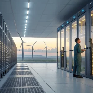 people working at data banks with wind energy outside; Gas for Data Centers