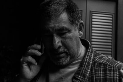 man wears grey plaid dress shirt; elder fraud
