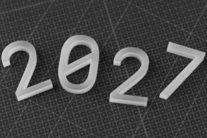 White three-dimensional numbers 2027 on a dark grey grid cutting mat; 2027 Social Security earnings limit