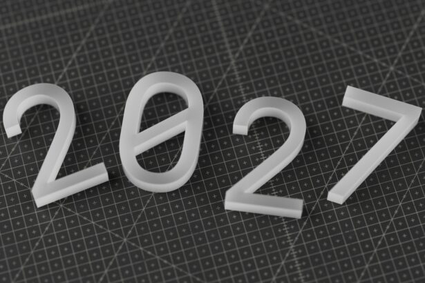 White three-dimensional numbers 2027 on a dark grey grid cutting mat; 2027 Social Security earnings limit